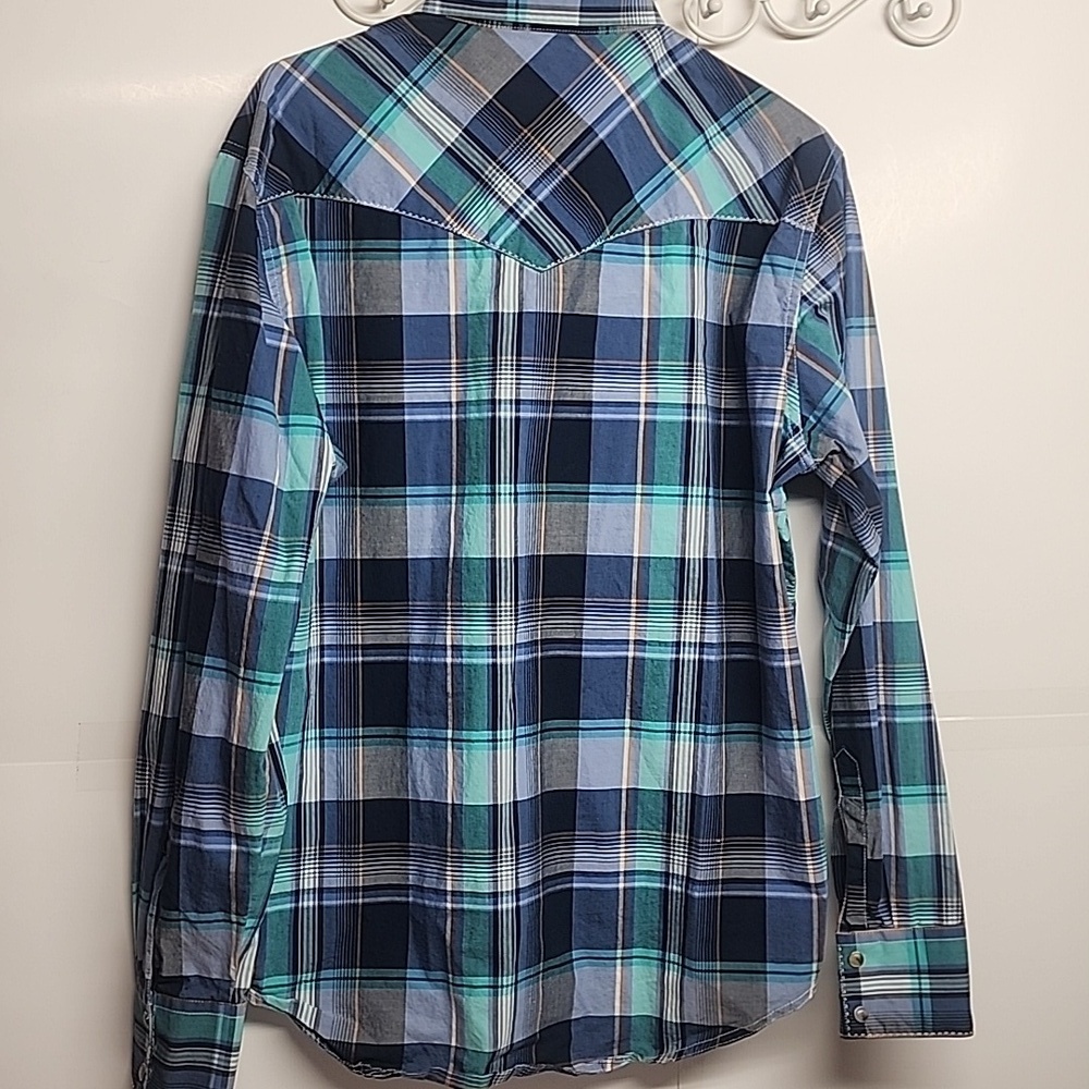 Wrangler Retro Vintage Equestrian Western Snap Button-Down Blue Plaid Shirt Sz L - Picture 4 of 9